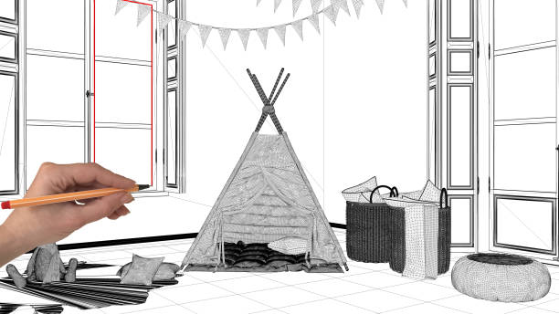 istock Interior design project concept, hand drawing custom architecture, black and white ink sketch, blueprint showing child room with tent 1026587648