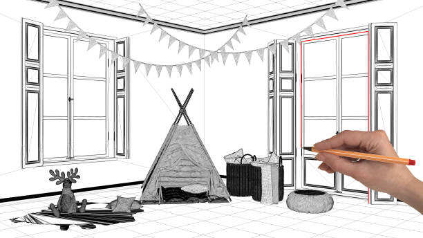 istock Interior design project concept, hand drawing custom architecture, black and white ink sketch, blueprint showing child room with tent 1026587668