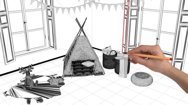 istock Interior design project concept, hand drawing custom architecture, black and white ink sketch, blueprint showing child room with tent 1026587698
