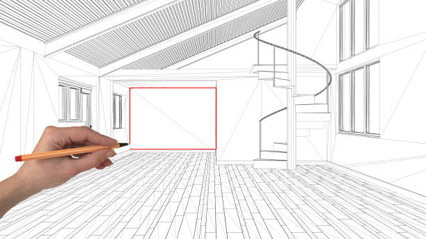 istock Interior design project concept, hand drawing custom architecture, black and white ink sketch, blueprint showing empty interior with mezzanine and staircase 1026587872