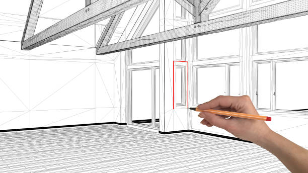istock Interior design project concept, hand drawing custom architecture, black and white ink sketch, blueprint showing empty mezzanine loft 1026587914