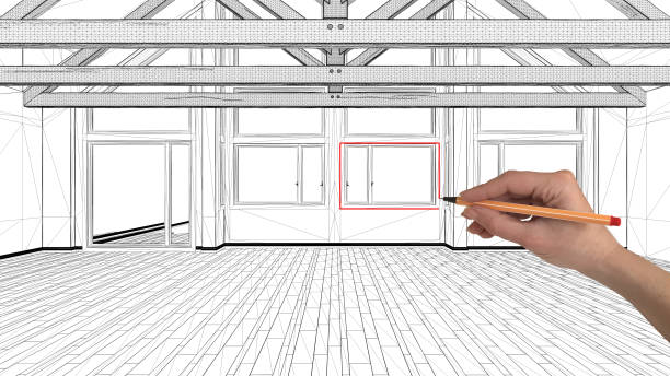 istock Interior design project concept, hand drawing custom architecture, black and white ink sketch, blueprint showing empty mezzanine loft 1026587922