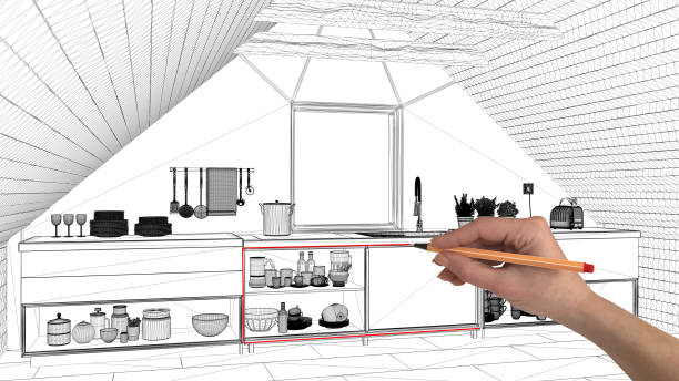 istock Interior design project concept, hand drawing custom architecture, black and white ink sketch, blueprint showing mezzanine attic kitchen 1026588758