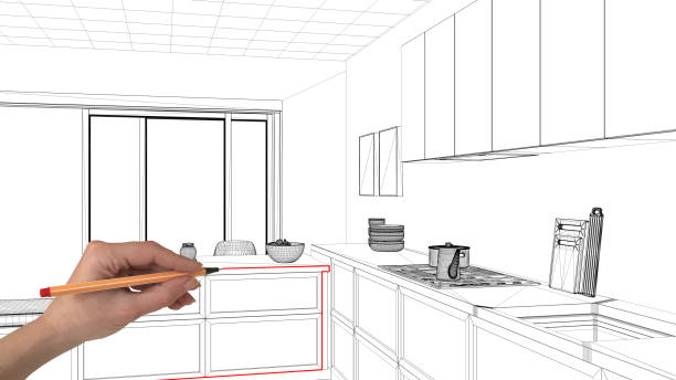 istock Interior design project concept, hand drawing custom architecture, black and white ink sketch, blueprint showing minimal kitchen 1026589988
