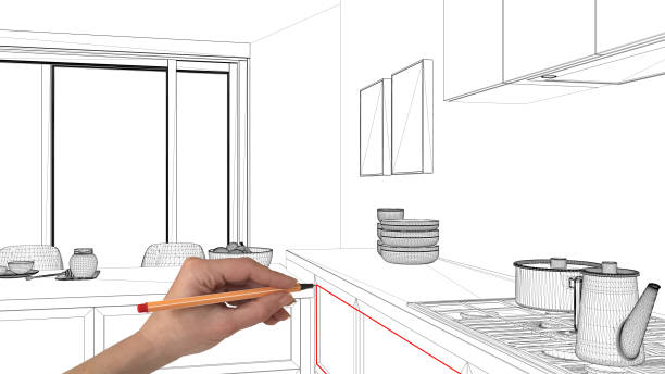 istock Interior design project concept, hand drawing custom architecture, black and white ink sketch, blueprint showing minimal kitchen 1026590002