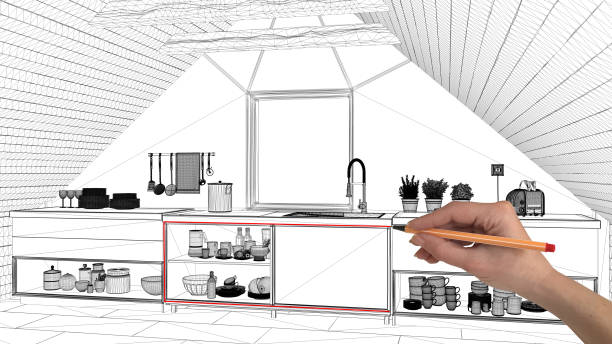 istock Interior design project concept, hand drawing custom architecture, black and white ink sketch, blueprint showing mezzanine attic kitchen 1026590006