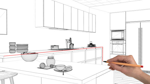 istock Interior design project concept, hand drawing custom architecture, black and white ink sketch, blueprint showing minimal kitchen 1026590018
