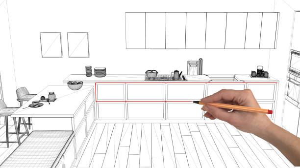istock Interior design project concept, hand drawing custom architecture, black and white ink sketch, blueprint showing minimal kitchen with parquet floor 1026590782
