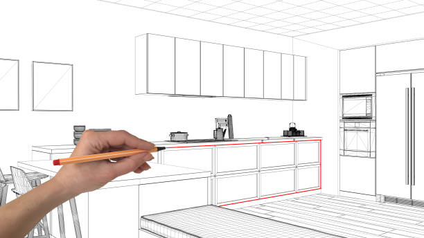 istock Interior design project concept, hand drawing custom architecture, black and white ink sketch, blueprint showing minimal kitchen with parquet floor 1026591568