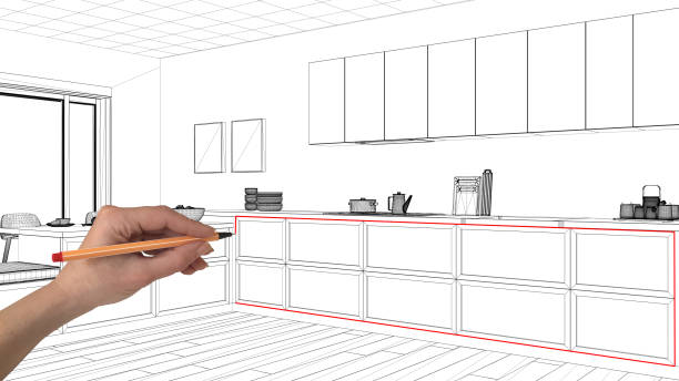 istock Interior design project concept, hand drawing custom architecture, black and white ink sketch, blueprint showing minimal kitchen with parquet floor 1026592094