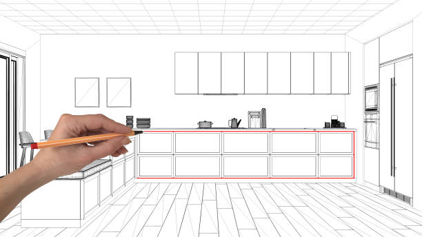 istock Interior design project concept, hand drawing custom architecture, black and white ink sketch, blueprint showing minimal kitchen with parquet floor 1026592116
