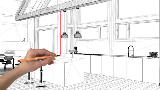 istock Interior design project concept, hand drawing custom architecture, black and white ink sketch, blueprint showing modern kitchen in mezzanine loft 1026592276