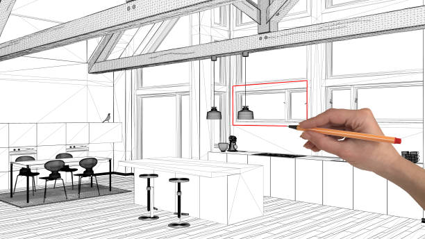 istock Interior design project concept, hand drawing custom architecture, black and white ink sketch, blueprint showing modern kitchen in mezzanine loft 1026592322