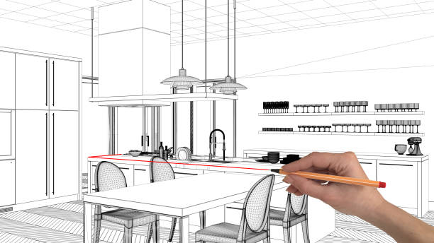 istock Interior design project concept, hand drawing custom architecture, black and white ink sketch, blueprint showing modern kitchen with dining table 1026592362