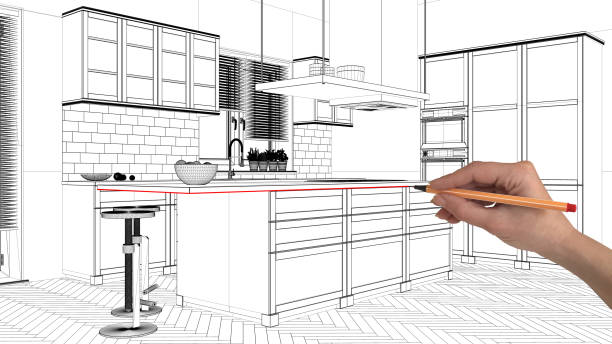istock Interior design project concept, hand drawing custom architecture, black and white ink sketch, blueprint showing modern kitchen with island 1026592408