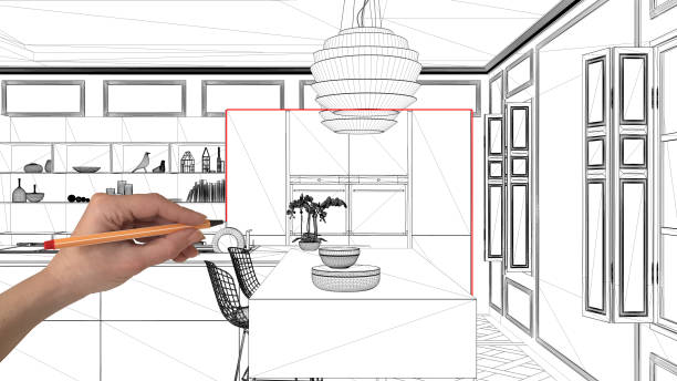istock Interior design project concept, hand drawing custom architecture, black and white ink sketch, blueprint showing modern kitchen with island 1026592496