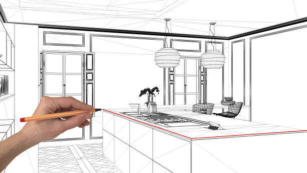 istock Interior design project concept, hand drawing custom architecture, black and white ink sketch, blueprint showing modern kitchen with island 1026592508