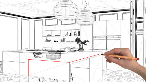 istock Interior design project concept, hand drawing custom architecture, black and white ink sketch, blueprint showing modern kitchen with island 1026592562