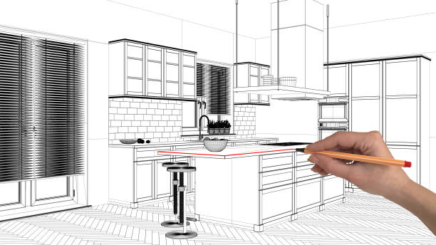 istock Interior design project concept, hand drawing custom architecture, black and white ink sketch, blueprint showing modern kitchen with island 1026592584