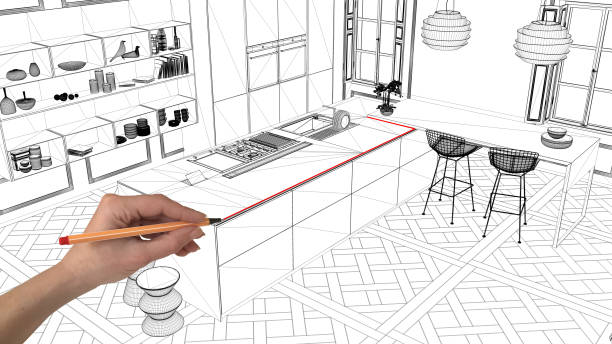 Interior design project concept, hand drawing custom architecture, black and white ink sketch, blueprint showing modern kitchen with island