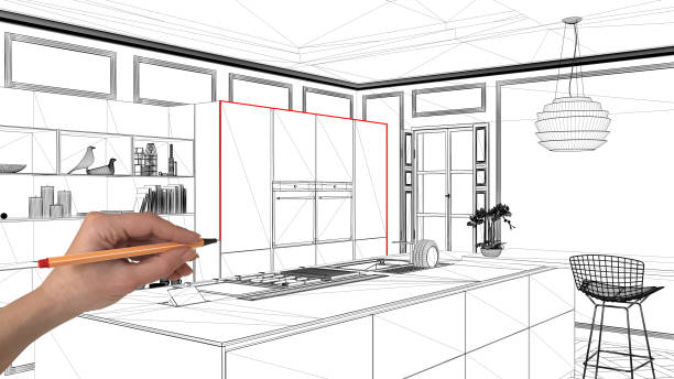 istock Interior design project concept, hand drawing custom architecture, black and white ink sketch, blueprint showing modern kitchen with island 1026592664
