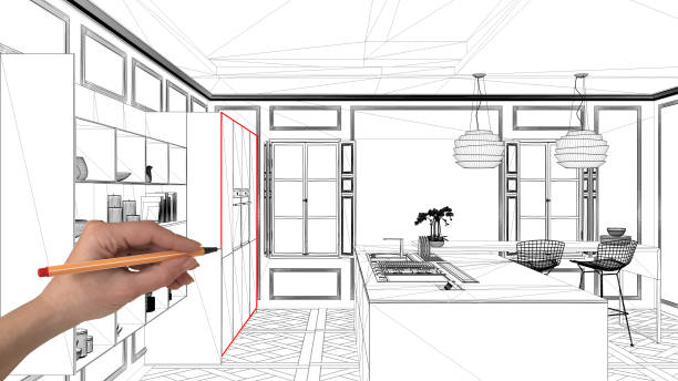 istock Interior design project concept, hand drawing custom architecture, black and white ink sketch, blueprint showing modern kitchen with island 1026592696