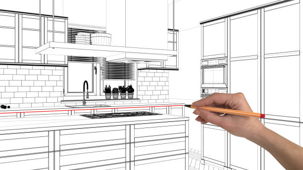 istock Interior design project concept, hand drawing custom architecture, black and white ink sketch, blueprint showing modern kitchen with island 1026592704