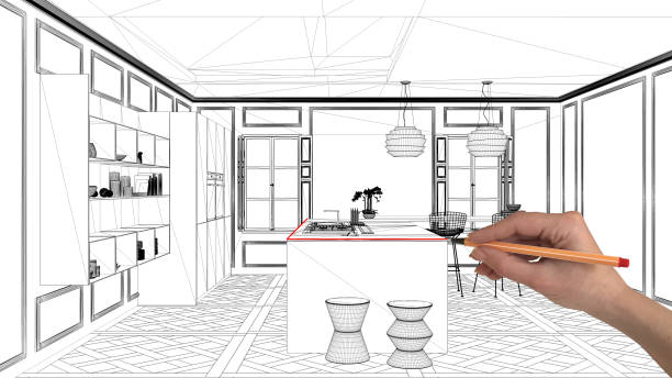 istock Interior design project concept, hand drawing custom architecture, black and white ink sketch, blueprint showing modern kitchen with island 1026592728