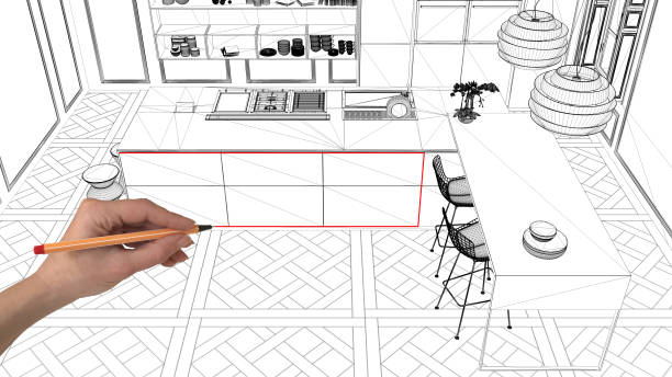 istock Interior design project concept, hand drawing custom architecture, black and white ink sketch, blueprint showing modern kitchen with island 1026592748
