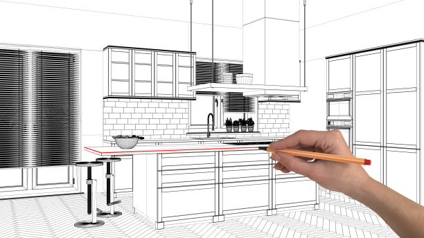 istock Interior design project concept, hand drawing custom architecture, black and white ink sketch, blueprint showing modern kitchen with island 1026592774