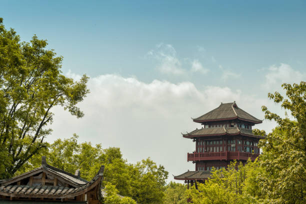 istock chinese pagoda behind trees in springtime 1026592782