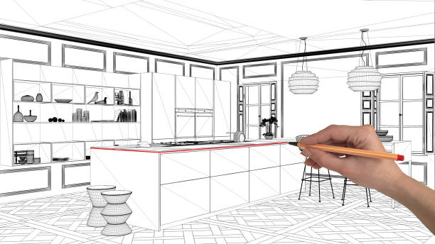 istock Interior design project concept, hand drawing custom architecture, black and white ink sketch, blueprint showing modern kitchen with island 1026592806