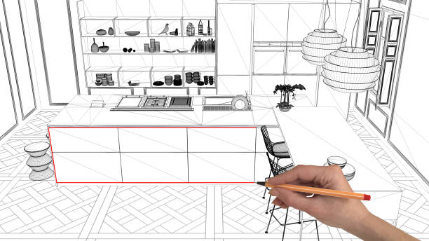 istock Interior design project concept, hand drawing custom architecture, black and white ink sketch, blueprint showing modern kitchen with island 1026592828