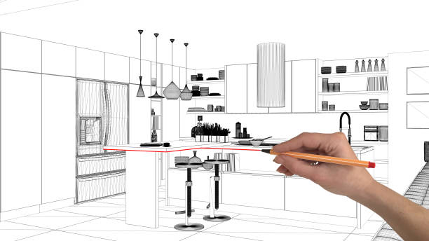 Interior design project concept, hand drawing custom architecture, black and white ink sketch, blueprint showing modern kitchen with island and stools