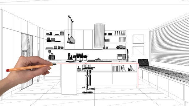 istock Interior design project concept, hand drawing custom architecture, black and white ink sketch, blueprint showing modern kitchen with island and stools 1026592858