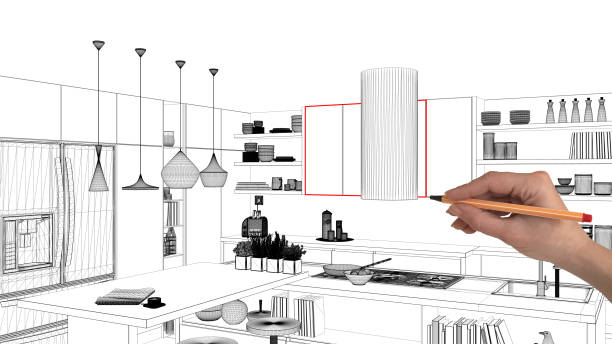 istock Interior design project concept, hand drawing custom architecture, black and white ink sketch, blueprint showing modern kitchen with island and stools 1026592876