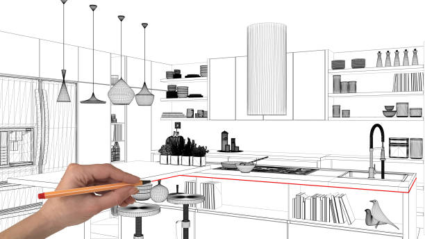 istock Interior design project concept, hand drawing custom architecture, black and white ink sketch, blueprint showing modern kitchen with island and stools 1026592908
