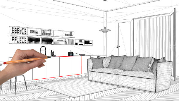 istock Interior design project concept, hand drawing custom architecture, black and white ink sketch, blueprint showing modern living room with kitchen 1026592958
