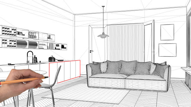 istock Interior design project concept, hand drawing custom architecture, black and white ink sketch, blueprint showing modern living room with kitchen 1026592994