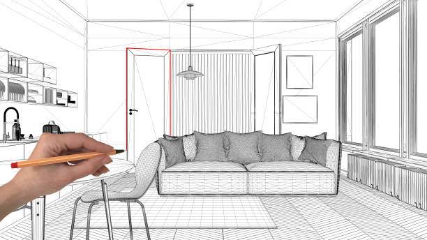 istock Interior design project concept, hand drawing custom architecture, black and white ink sketch, blueprint showing modern living room with kitchen 1026593010