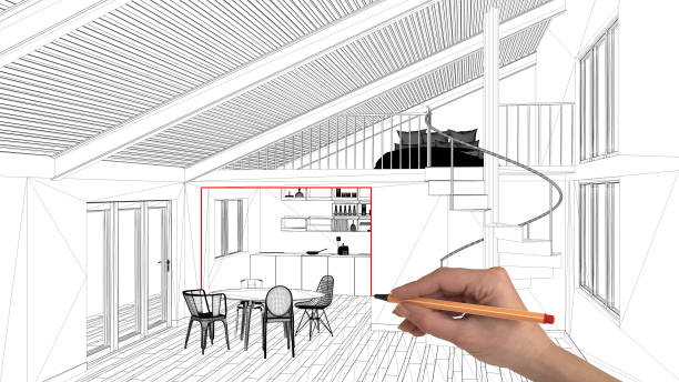 istock Interior design project concept, hand drawing custom architecture, black and white ink sketch, blueprint showing modern loft kitchen 1026593040