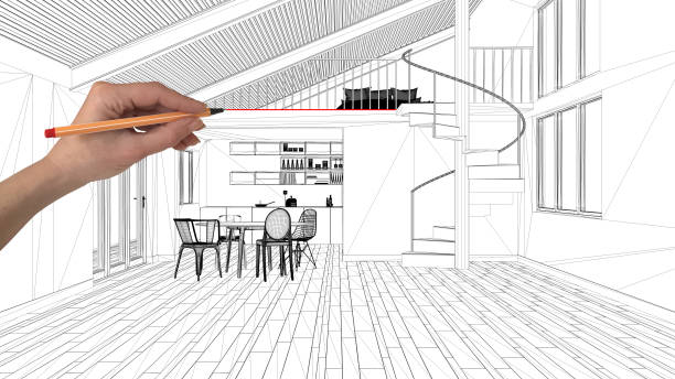 istock Interior design project concept, hand drawing custom architecture, black and white ink sketch, blueprint showing modern loft kitchen 1026593072