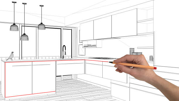 istock Interior design project concept, hand drawing custom architecture, black and white ink sketch, blueprint showing modern minimalist kitchen 1026593080