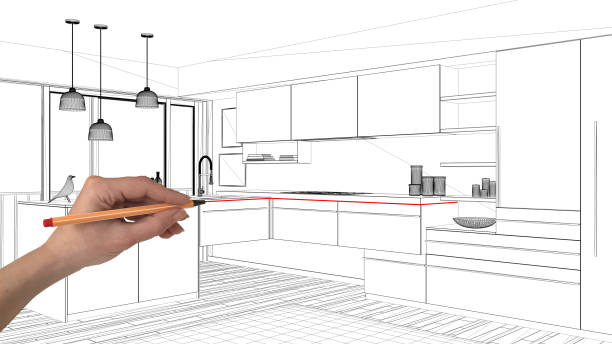 istock Interior design project concept, hand drawing custom architecture, black and white ink sketch, blueprint showing modern minimalist kitchen 1026593140