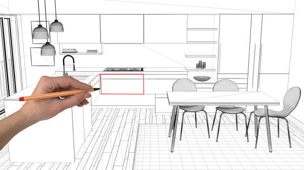 istock Interior design project concept, hand drawing custom architecture, black and white ink sketch, blueprint showing modern minimalist kitchen 1026593146