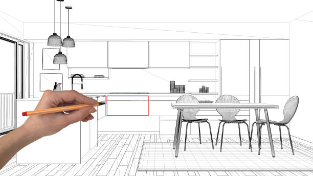 istock Interior design project concept, hand drawing custom architecture, black and white ink sketch, blueprint showing modern minimalist kitchen 1026593166