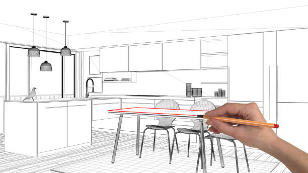 istock Interior design project concept, hand drawing custom architecture, black and white ink sketch, blueprint showing modern minimalist kitchen 1026593198