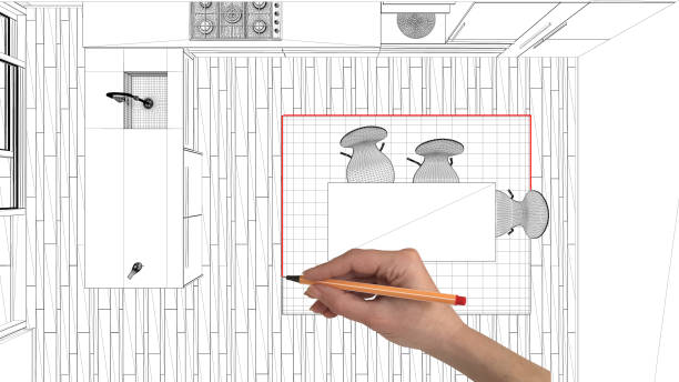istock Interior design project concept, hand drawing custom architecture, black and white ink sketch, blueprint showing modern minimalist kitchen 1026593206
