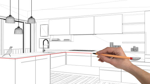 istock Interior design project concept, hand drawing custom architecture, black and white ink sketch, blueprint showing modern minimalist kitchen 1026593252