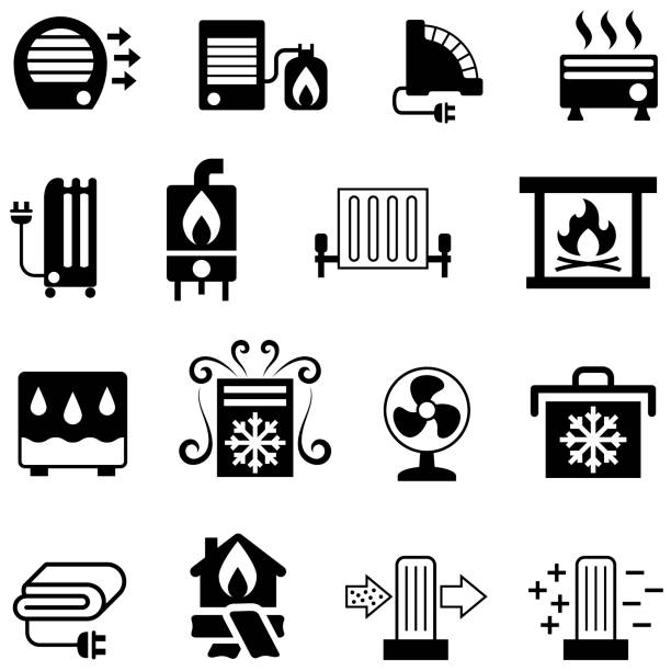 Home Appliances Icons - Heating & Cooling Single colour black icons of household heating and cooling equipment. Isolated. electric heater stock illustrations